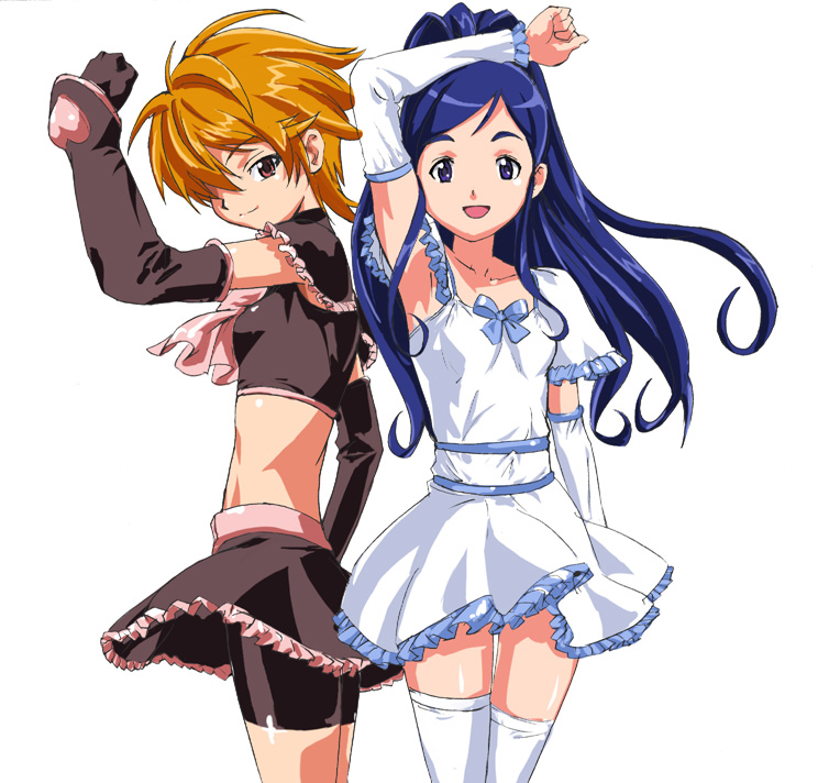 cure black, cure white, misumi nagisa, yukishiro honoka, futari wa precure, precure, 00s, 2girls, arm up, blue eyes, blue hair, brown eyes, brown hair, hair over one eye, long hair, magical girl, midriff, multiple girls, short hair, shorts, shorts under skirt, simple background, thighhighs, white background