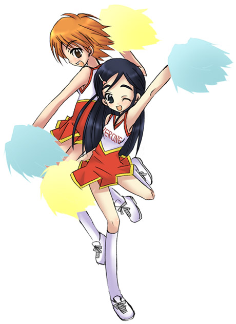 misumi nagisa, yukishiro honoka, futari wa precure, precure, 00s, black eyes, blue hair, brown eyes, cheerleader, long hair, orange hair, pom pom (cheerleading), short hair, white background