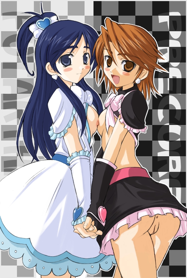 akino hamo, cure black, cure white, misumi nagisa, yukishiro honoka, futari wa precure, precure, nude filter, third-party edit, 00s, 2girls, anus, blush, breast press, breasts, brown eyes, brown hair, half updo, long hair, magical girl, midriff, multiple girls, nipples, no panties, purple eyes, purple hair, pussy, short hair, small breasts, symmetrical docking, uncensored, yuri