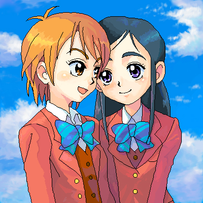 misumi nagisa, yukishiro honoka, futari wa precure, precure, striped neckwear, lowres, 00s, 2girls, blue bow, blue hair, bow, bowtie, brown eyes, day, long hair, multiple girls, orange hair, purple eyes, school uniform, serafuku, short hair, sky, striped bow, striped bowtie, striped clothes