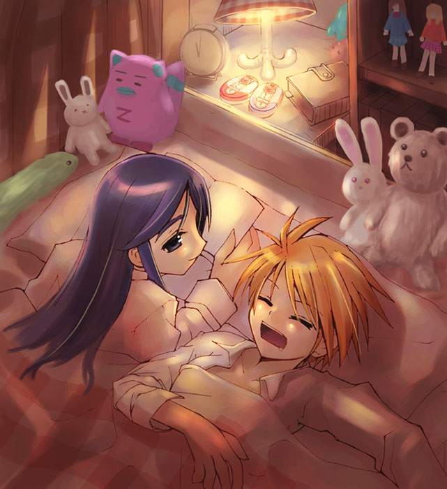 kusanagi boono, misumi nagisa, normad, yukishiro honoka, broccoli (company), futari wa precure, galaxy angel, precure, 00s, 2girls, bed, book, cellphone, clock, crossover, grey eyes, lamp, long hair, multiple girls, open book, orange hair, phone, purple hair, reading, short hair, sleeping