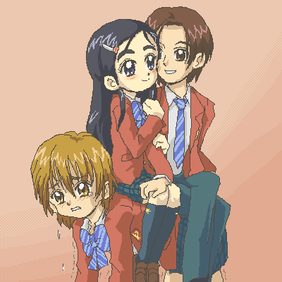 kasuga (kasuga39), fujimura shougo, misumi nagisa, yukishiro honoka, futari wa precure, precure, striped neckwear, lowres, 00s, 1boy, 2girls, blue bow, bow, bowtie, brown eyes, brown hair, couple, human chair, human furniture, jaggy lines, long hair, long sleeves, multiple girls, necktie, netorare, oekaki, purple eyes, purple hair, reverse netorare, school uniform, serafuku, short hair, simple background, sitting, sitting on person, striped bow, striped bowtie, striped clothes, striped necktie, sweat, tears