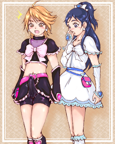 kanii rate, cure black, cure white, misumi nagisa, yukishiro honoka, futari wa precure, precure, white footwear, lowres, 00s, 1futa, 1girl, ^^^, arms at sides, blush, boots, brown eyes, brown hair, bulge, earrings, embarrassed, erection, erection under clothes, futanari, half updo, jewelry, knee boots, magical girl, midriff, penis, purple eyes, purple hair, surprised