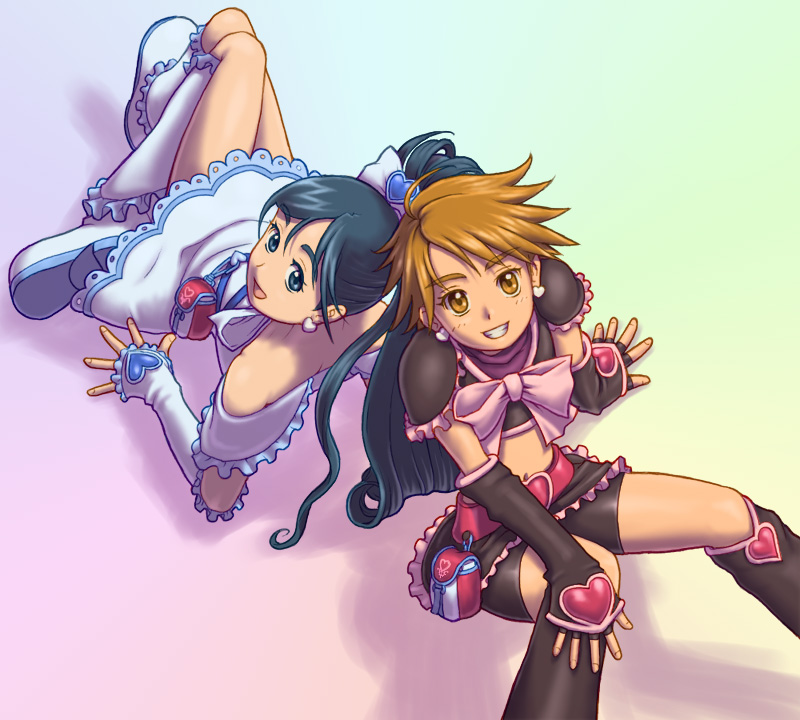 cure black, cure white, misumi nagisa, yukishiro honoka, futari wa precure, precure, black footwear, white footwear, 00s, 2girls, blue eyes, blue hair, boots, brown eyes, brown hair, earrings, jewelry, knee boots, long hair, magical girl, midriff, multiple girls, rainbow background, short hair, shorts, shorts under skirt