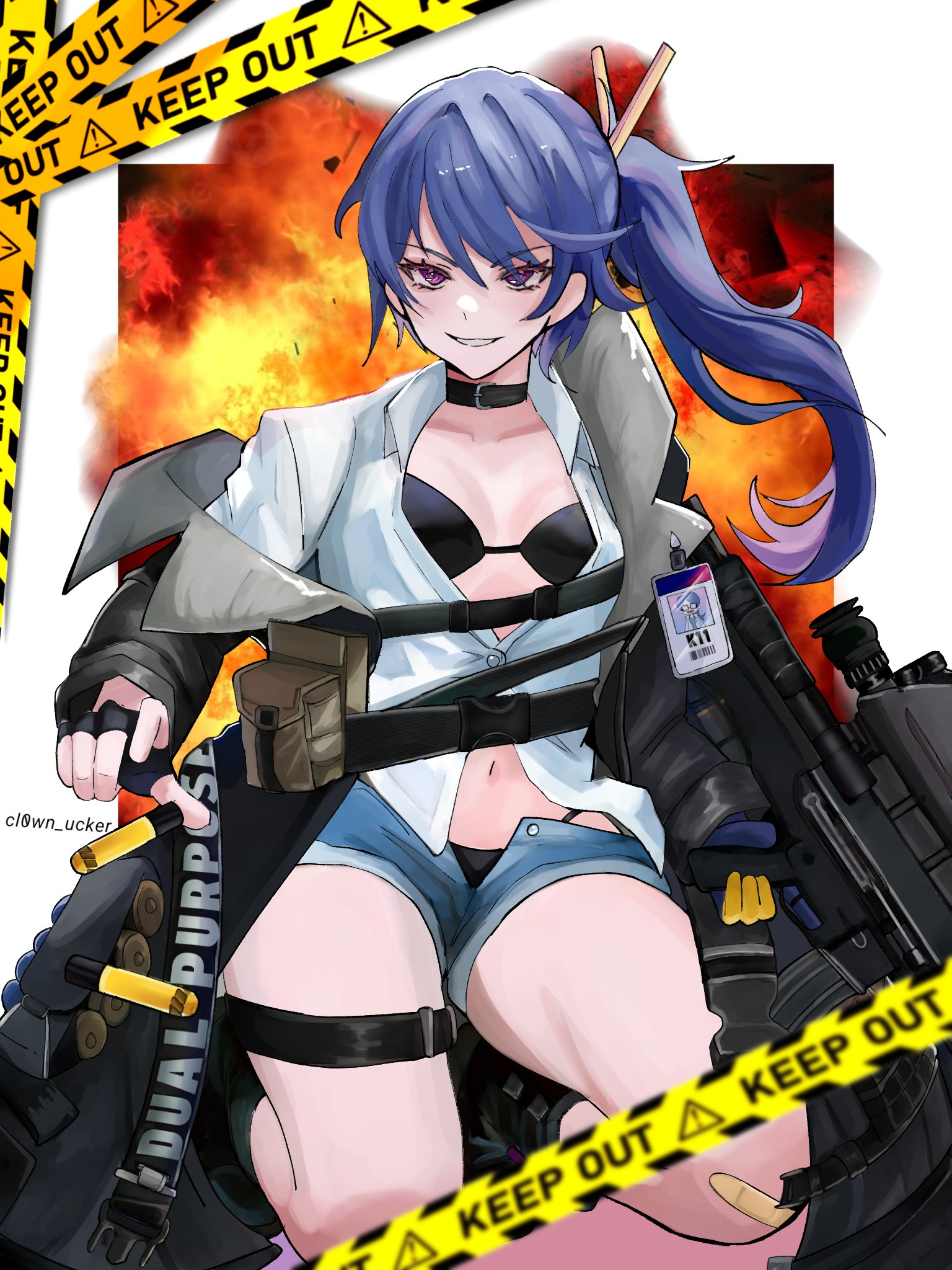 k11 (girls' frontline), girls' frontline, commentary, english commentary, highres, 1girl, artist name, assault rifle, bikini, bikini under clothes, black bikini, black coat, black collar, black gloves, blue hair, bolt action, bullpup, caution tape, clothes pin, clothes writing, coat, collar, collared shirt, daewoo k11, denim, denim shorts, doosimpshmirtz, dress shirt, explosion, fingerless gloves, gloves, grenade launcher, gun, holding, holding gun, holding weapon, id card, keep out, long hair, looking at viewer, navel, open clothes, open coat, open fly, purple eyes, rifle, shirt, short shorts, shorts, shotgun shell, side ponytail, smile, solo, swimsuit, twitter username, weapon, white background, white mouth, white shirt