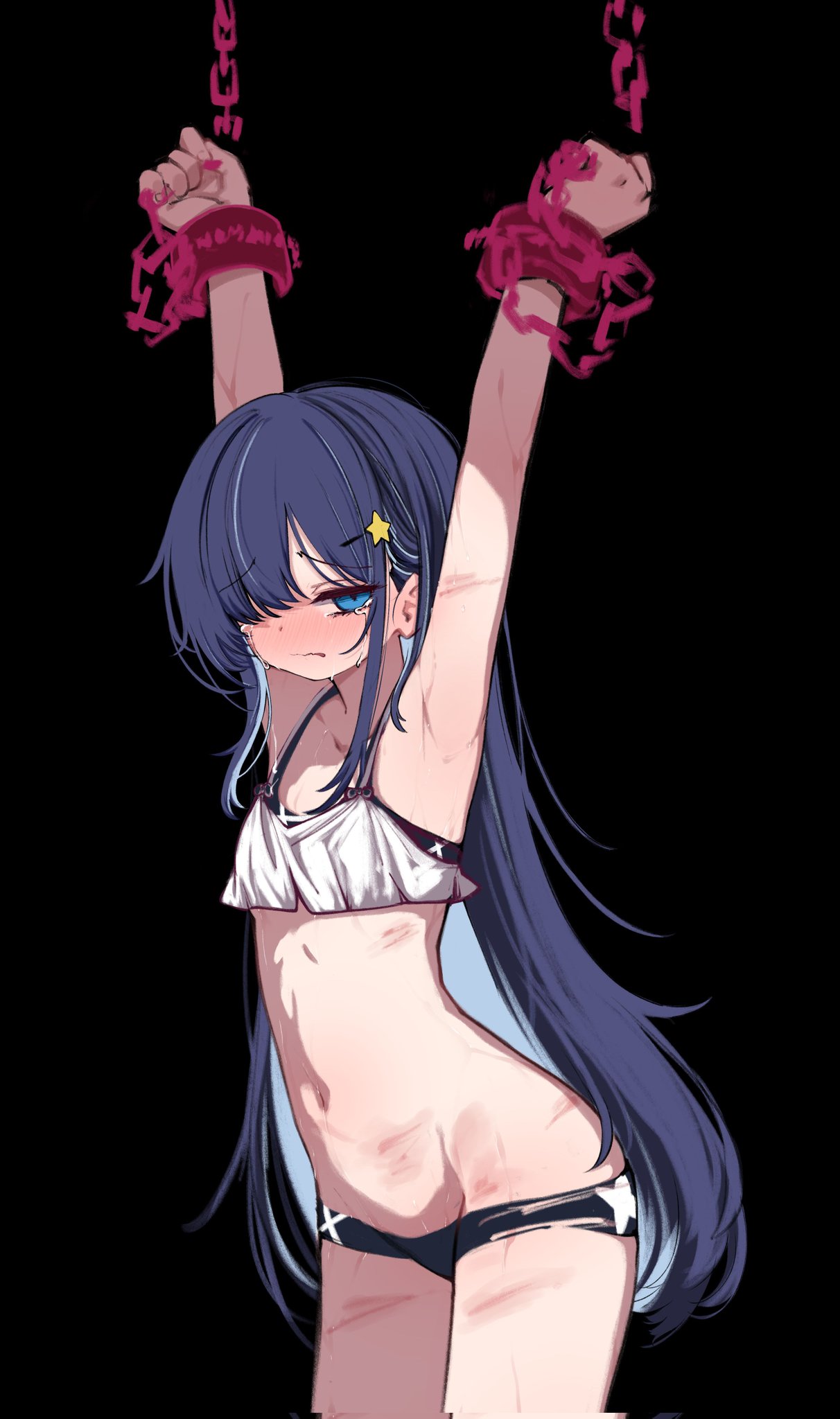 kimhiro, original, highres, 1girl, armpits, arms up, bikini, black background, black bikini, blue eyes, bruise, bruise on arm, bruise on chest, bruise on leg, bruise on stomach, chained wrists, colored inner hair, crying, crying with eyes open, hair ornament, injury, long hair, multicolored hair, navel, one eye covered, restrained, simple background, solo, star (symbol), star hair ornament, stomach, streaming tears, swimsuit, tears, very long hair