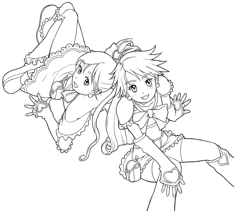 cure black, cure white, misumi nagisa, yukishiro honoka, futari wa precure, precure, 00s, 2girls, boots, earrings, greyscale, jewelry, knee boots, long hair, magical girl, midriff, monochrome, multiple girls, short hair, simple background, white background