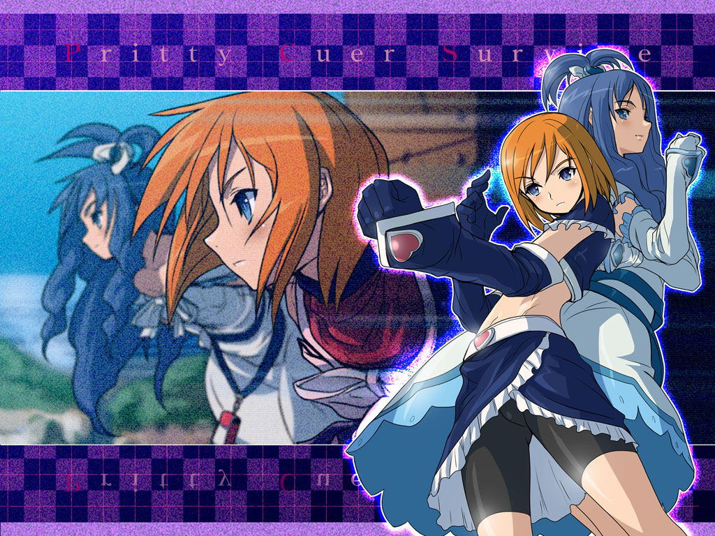 akaga hirotaka, cure black, cure white, luna (mujin wakusei survive), menori visconti, futari wa precure, mujin wakusei survive, precure, bad tag, wallpaper, 2girls, back-to-back, bike shorts, blue eyes, blue hair, blush, clenched hand, cosplay, crop top, cure black (cosplay), cure white (cosplay), dress, elbow gloves, engrish, fighting stance, frills, gloves, heart, high ponytail, long hair, looking back, magical girl, midriff, multiple girls, orange hair, parody, ponytail, ranguage, short hair, skirt, smile