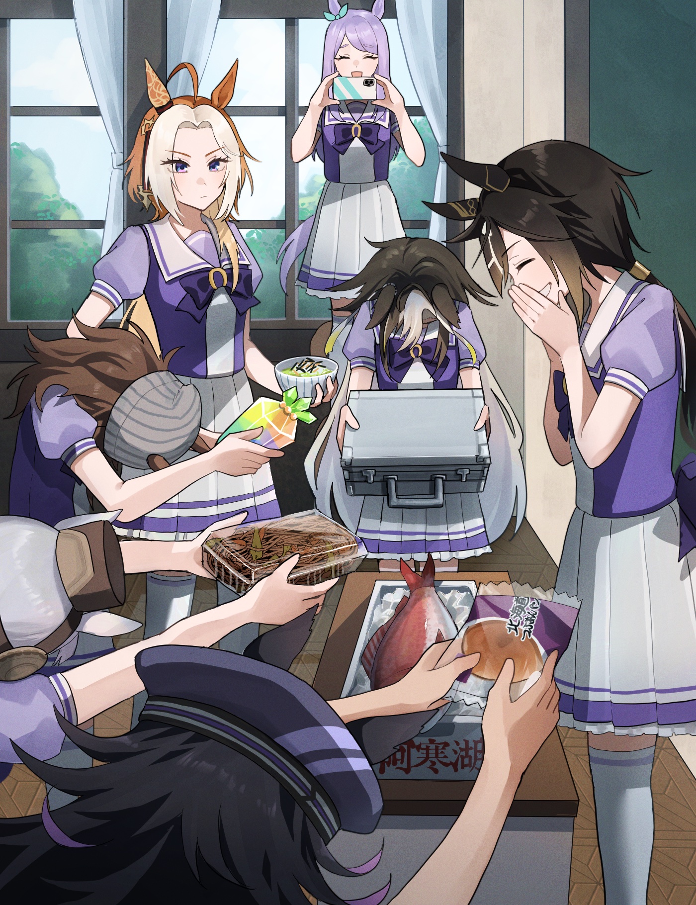 dream journey (umamusume), fenomeno (umamusume), gold ship (umamusume), mejiro mcqueen (umamusume), nakayama festa (umamusume), orfevre (umamusume), stay gold (umamusume), umamusume, highres, 6+girls, ahoge, animal ears, aqua bow, beanie, black hair, blush, bow, bowing, breasts, briefcase, brown hair, brown hat, carrot, cellphone, chisanchisyo3, classroom, closed eyes, closed mouth, desk, ear bow, ear covers, ear ornament, ear ribbon, ears through headwear, fish, flipped hair, food, gift, grey hair, grey hat, hair between eyes, hair intakes, hat, holding, holding briefcase, holding gift, holding phone, horse ears, horse girl, horse tail, indoors, long hair, multicolored hair, multiple girls, noodles, open mouth, orange hair, pastry, peaked cap, phone, pillbox hat, pleated skirt, ponytail, puffy short sleeves, puffy sleeves, purple bow, purple eyes, purple hair, purple sailor collar, purple serafuku, purple shirt, purple skirt, sailor collar, sailor shirt, school uniform, serafuku, shirt, short sleeves, single ear cover, skirt, smile, soup, stay gold clan (umamusume), streaked hair, summer uniform, tail, taking picture, teeth, thighhighs, tracen school uniform, two-tone hair, white hair, white sailor collar, white skirt, white thighhighs, window, yakisoba