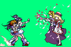 cure black, cure white, misumi nagisa, nadja applefield, rosemary applefield, yukishiro honoka, ashita no nadja, futari wa precure, jojo no kimyou na bouken, precure, toei company, lowres, 4girls, blonde hair, boots, brown hair, company connection, crossover, dress, fighting game, half updo, hat, hqvga, knee boots, long hair, magical girl, multiple girls, parody, pixel art, porkpie hat, purple hair, short hair