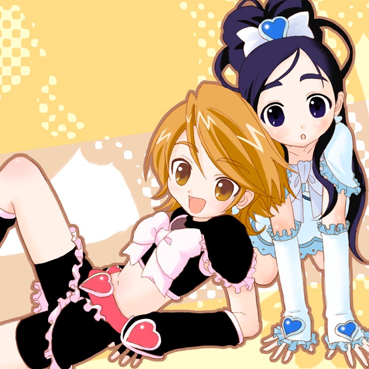 cure black, cure white, misumi nagisa, yukishiro honoka, futari wa precure, precure, 00s, 2girls, brown eyes, brown hair, earrings, jewelry, long hair, magical girl, midriff, multiple girls, purple eyes, purple hair, short hair, shorts, shorts under skirt, yellow background