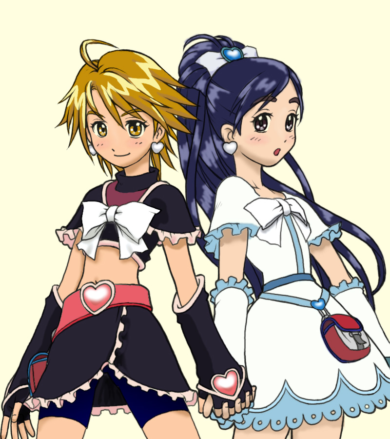 cure black, cure white, misumi nagisa, yukishiro honoka, futari wa precure, precure, 00s, 2girls, bike shorts, brown eyes, brown hair, earrings, eyelashes, holding hands, jewelry, long hair, magical girl, midriff, multiple girls, purple eyes, purple hair, short hair, shorts, shorts under skirt, simple background, white background