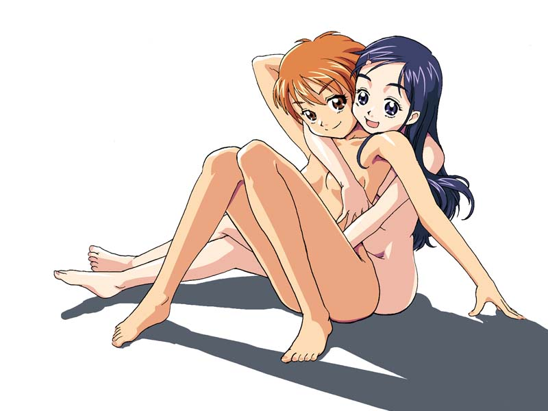 misumi nagisa, yukishiro honoka, futari wa precure, precure, jpeg artifacts, 00s, 2girls, arms around neck, breasts, brown eyes, brown hair, completely nude, hug, hug from behind, long hair, multiple girls, nude, purple eyes, purple hair, short hair, white background, yuri