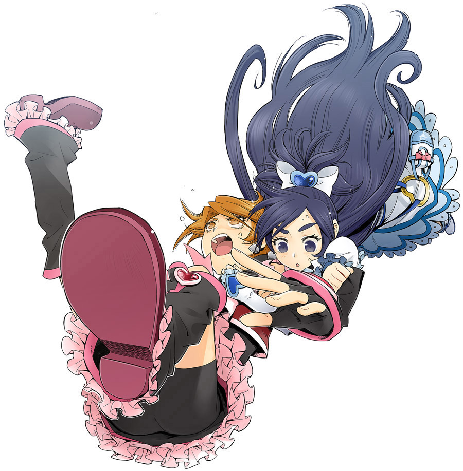 minakata sunao, cure black, cure white, misumi nagisa, yukishiro honoka, futari wa precure, precure, black footwear, 00s, 2girls, boots, brown eyes, brown hair, earrings, eyelashes, falling, half updo, jewelry, knee boots, long hair, magical girl, multiple girls, purple eyes, purple hair, short hair, shorts, shorts under skirt, simple background, sweat, white background