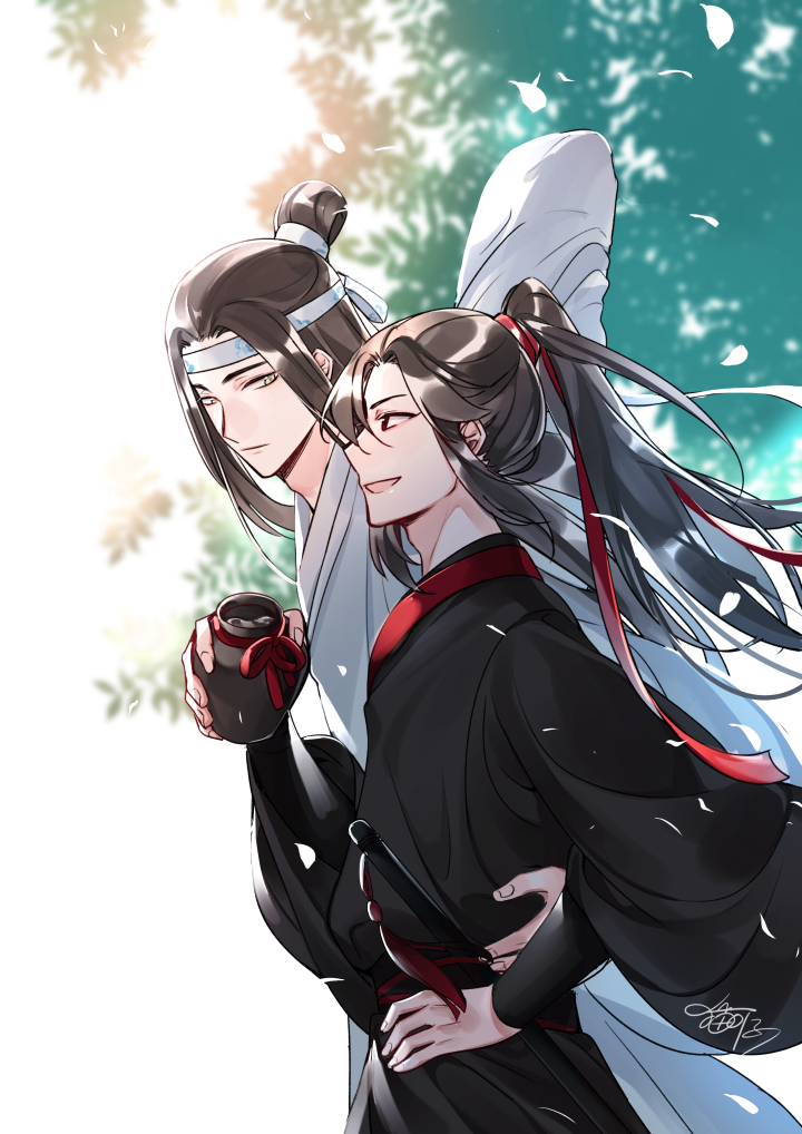 maokezi, lan wangji, wei wuxian, modao zushi, 2boys, alcohol, artist name, black eyes, black hair, black hanfu, blurry, blurry background, chinese clothes, closed eyes, closed mouth, couple, dizi, falling leaves, floating hair, flute, flute tassel, guqin, hair ribbon, hand on another's waist, hand on own hip, hanfu, headband, high ponytail, holding, holding jug, instrument, instrument case, jug (bottle), leaf, long hair, long sleeves, looking at another, looking to the side, male focus, multiple boys, open mouth, outdoors, petals, ponytail, profile, red ribbon, ribbon, robe, sash, sidelocks, signature, smile, standing, tassel, topknot, transverse flute, tree, upper body, white hanfu, white headband, wide sleeves, wind, xiao guan (headdress), yaoi, yellow eyes