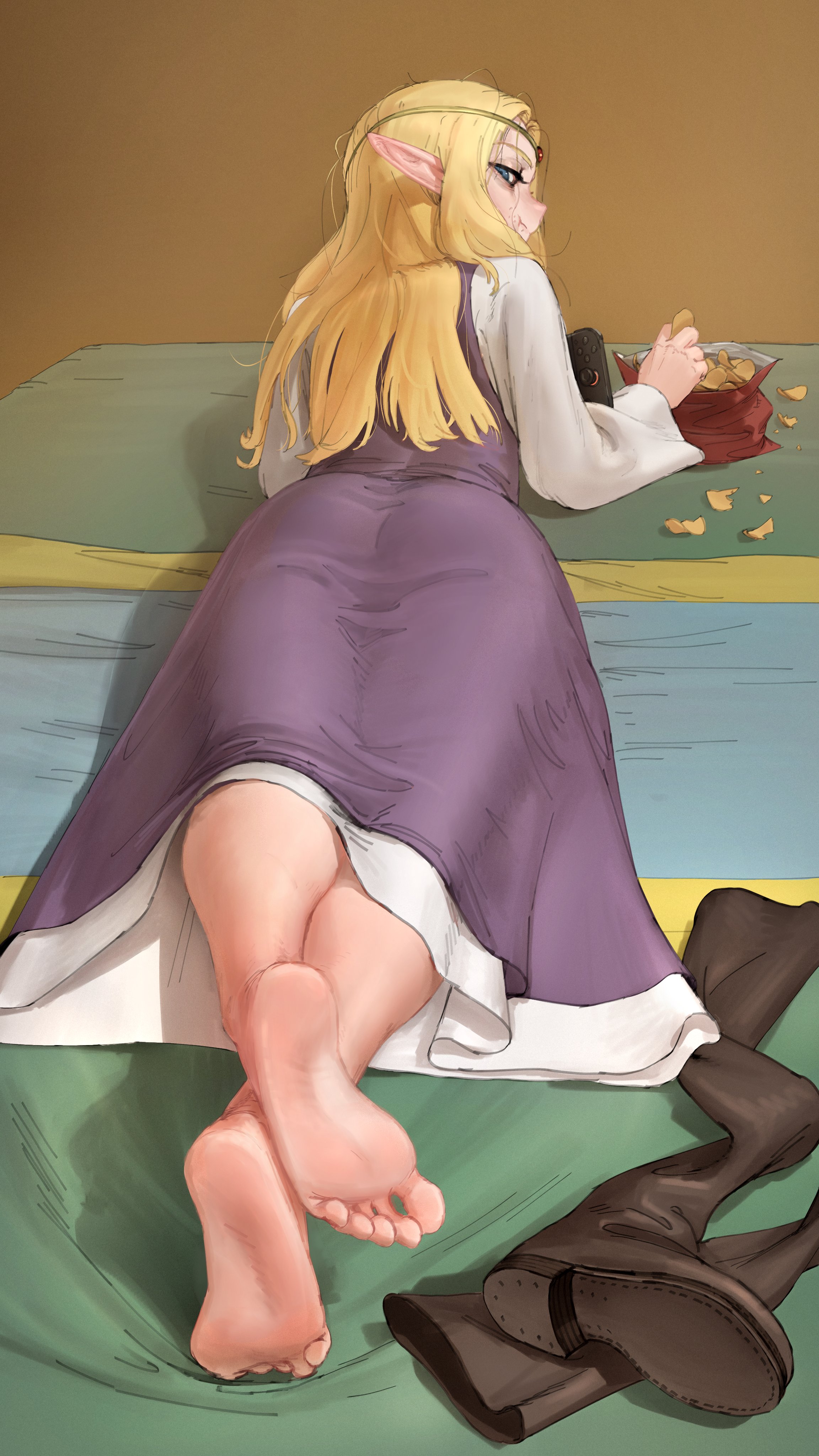 wass nonnam, princess zelda, nintendo, the legend of zelda, the legend of zelda: echoes of wisdom, absurdres, highres, 1girl, ass, bag of chips, barefoot, blonde hair, boots, circlet, eating, feet, foot focus, gold circlet, handheld game console, lying, nintendo switch 2, on stomach, pointy ears, solo, toes, unworn boots