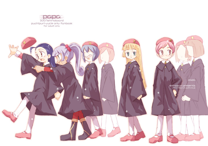 beth (puchi puri yucie), cocoloo, elmina, glenda (puchi puri yucie), yucie, puchi puri yucie, 00s, 6+girls, beret, blue hair, coat, dark-skinned female, dark skin, everyone, glasses, green eyes, hair slicked back, hat, long hair, multiple girls, pink hair, purple hair, red eyes, short hair, twintails