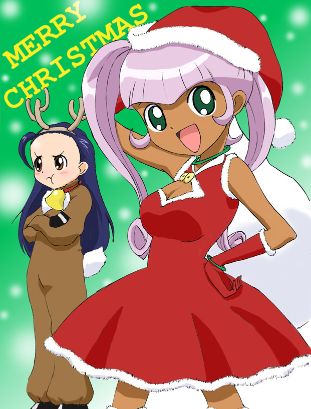 glenda (puchi puri yucie), yucie, puchi puri yucie, 2girls, animal costume, belt, bracelet, breasts, brown eyes, christmas, cosplay, dark-skinned female, dark skin, gloves, green eyes, hair slicked back, hat, jewelry, kigurumi, long hair, medium breasts, multiple girls, necklace, pink hair, pout, purple hair, red gloves, reindeer, reindeer costume, santa costume, santa hat, twintails