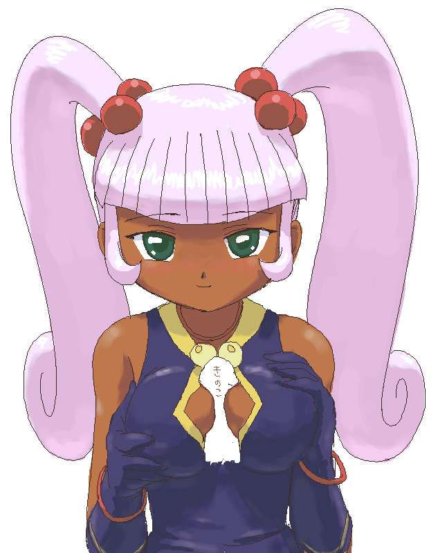 glenda (puchi puri yucie), puchi puri yucie, 00s, 1boy, 1girl, bracelet, breasts, dark-skinned female, dark skin, green eyes, hetero, jewelry, long hair, paizuri, penis, pink hair, twintails