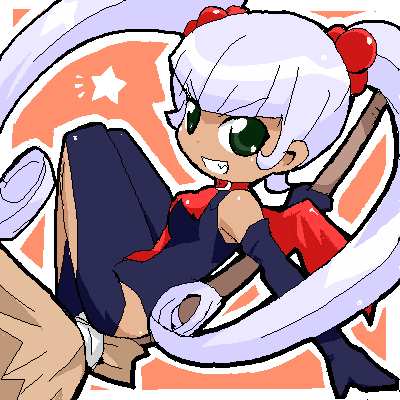 glenda (puchi puri yucie), puchi puri yucie, lowres, 00s, 1girl, black gloves, broom, broom riding, collar, dark-skinned female, dark skin, elbow gloves, female focus, gloves, green eyes, long hair, oekaki, sidesaddle, solo, twintails, white hair, wings