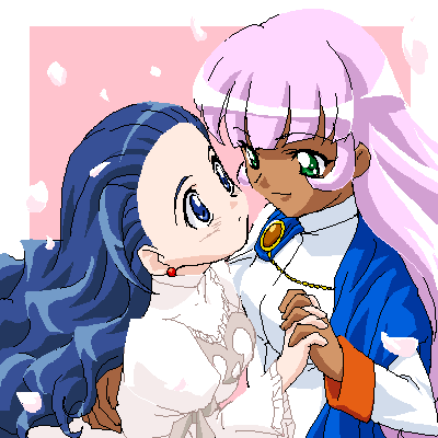 glenda (puchi puri yucie), yucie, puchi puri yucie, lowres, 00s, 2girls, alternate hairstyle, blue eyes, blue hair, dancing, dark-skinned female, dark skin, earrings, eye contact, green eyes, hair down, hair slicked back, jewelry, long hair, looking at another, multiple girls, pink hair, yuri