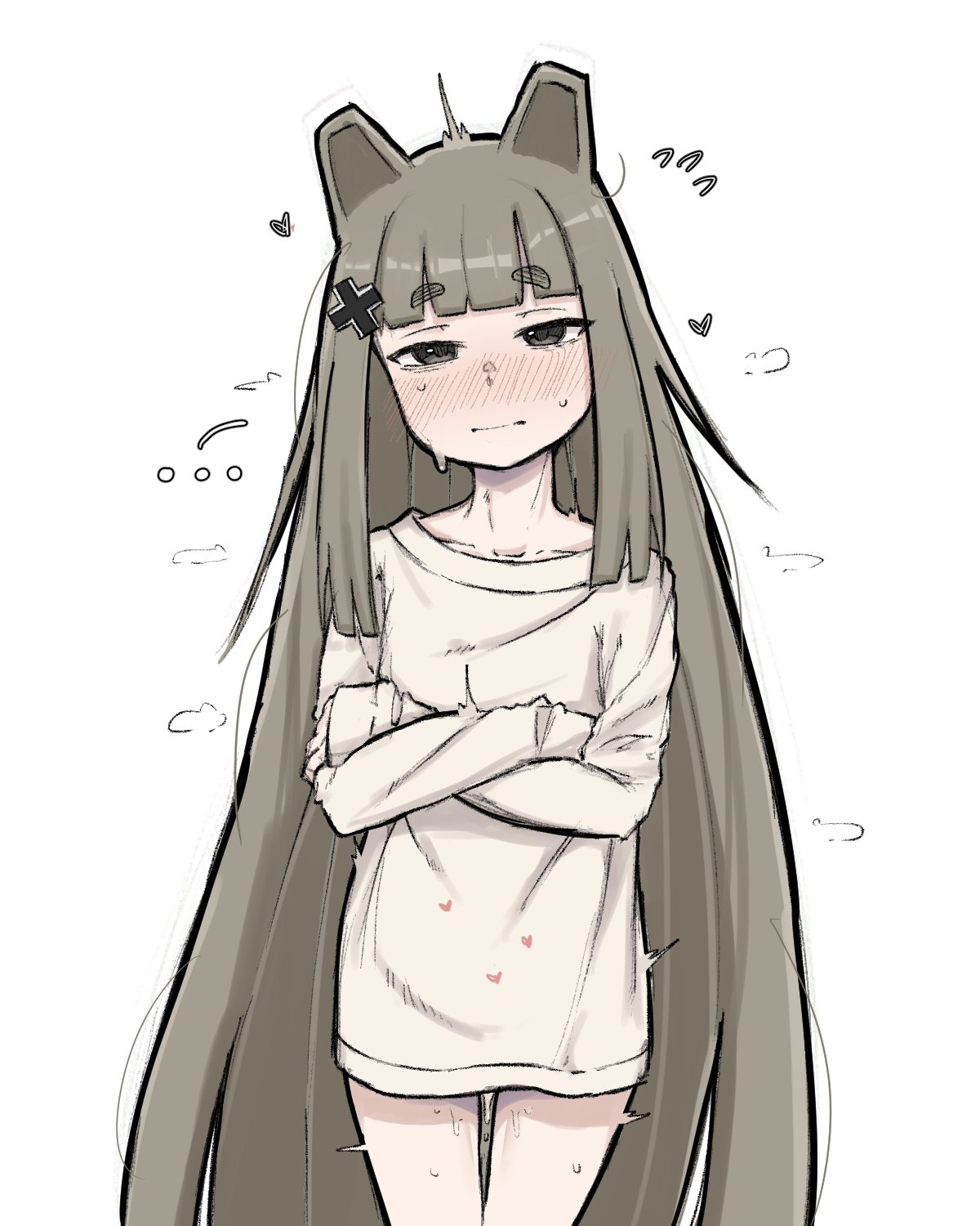 zlix0n, original, commission, highres, second-party source, …, aftersex, blunt bangs, borrowed character, bottomless, brown hair, cum, cumdrip, heart, long hair, maltese cross, maus girl (mliko444), mechanical ears, no panties, simple background, thick eyebrows, very long hair, white background