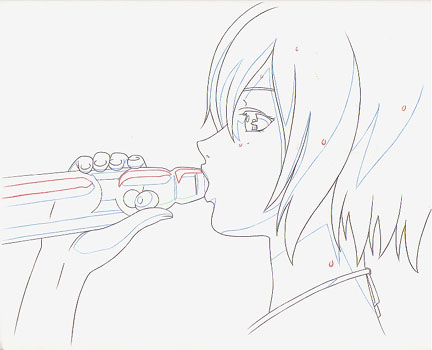 shitou megumi, lamune, rahxephon, colored pencil (medium), lowres, traditional media, 00s, 1girl, color trace, female focus, greyscale, misleading thumbnail, monochrome, portrait, production art, ramune, sexually suggestive, short hair, simple background, solo, sweat