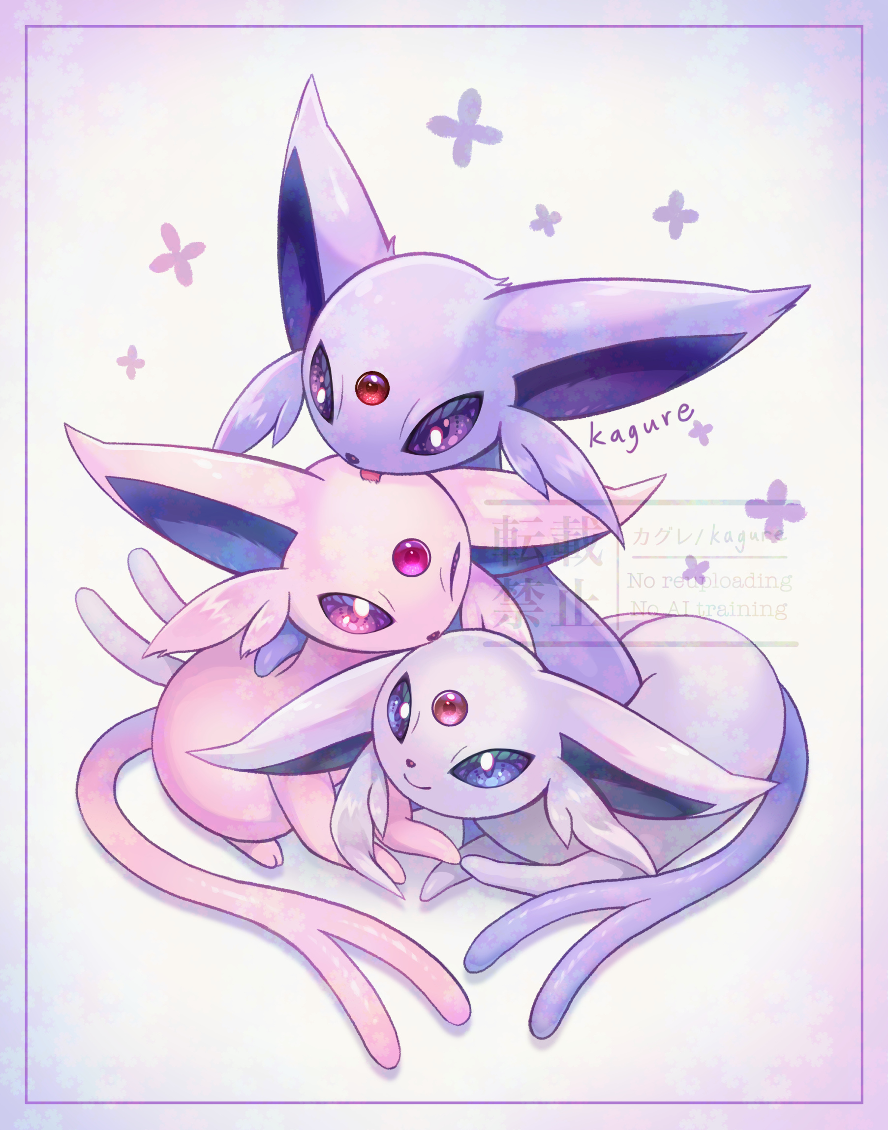 kagure (karaguren), espeon, nintendo, pokemon, highres, animal focus, blue eyes, closed mouth, colored sclera, forehead jewel, forked tail, full body, gem, gen 2 pokemon, looking at viewer, no humans, one eye closed, pink fur, pokemon (creature), pokemon focus, purple eyes, purple fur, purple sclera, red gemstone, smile, tail, tongue, tongue out