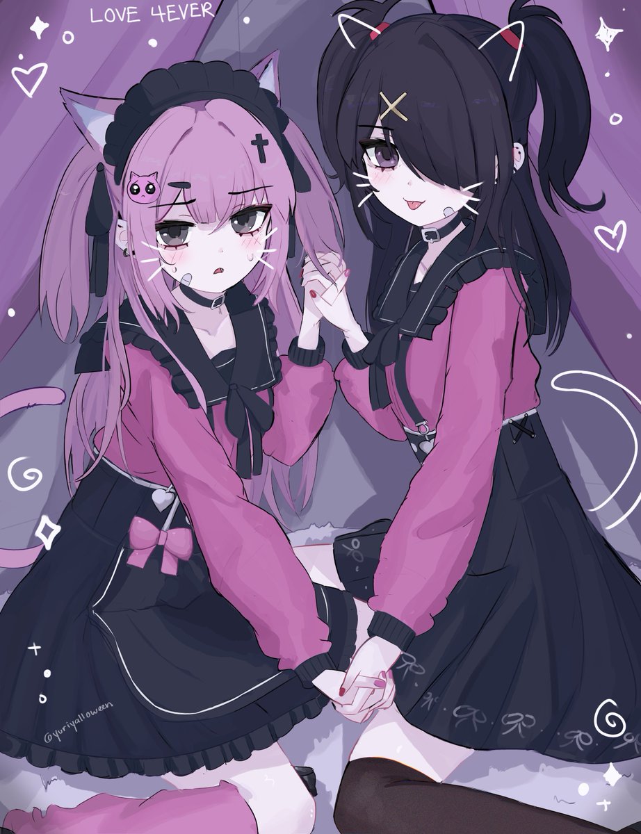 yuriyalloween, ame-chan (needy girl overdose), pien cat (needy girl overdose), needy girl overdose, highres, 2girls, :p, animal ears, bandaid, bandaid on face, black choker, black eyes, black hair, black ribbon, black skirt, black thighhighs, cat ears, cat girl, cat tail, choker, face filter, hair ornament, hair over one eye, high-waist skirt, holding hands, long hair, multiple girls, nail polish, neck ribbon, personification, pink hair, pink nails, pink shirt, pink thighhighs, ribbon, shirt, skirt, suspender skirt, suspenders, tail, thighhighs, tongue, tongue out, two side up, x hair ornament