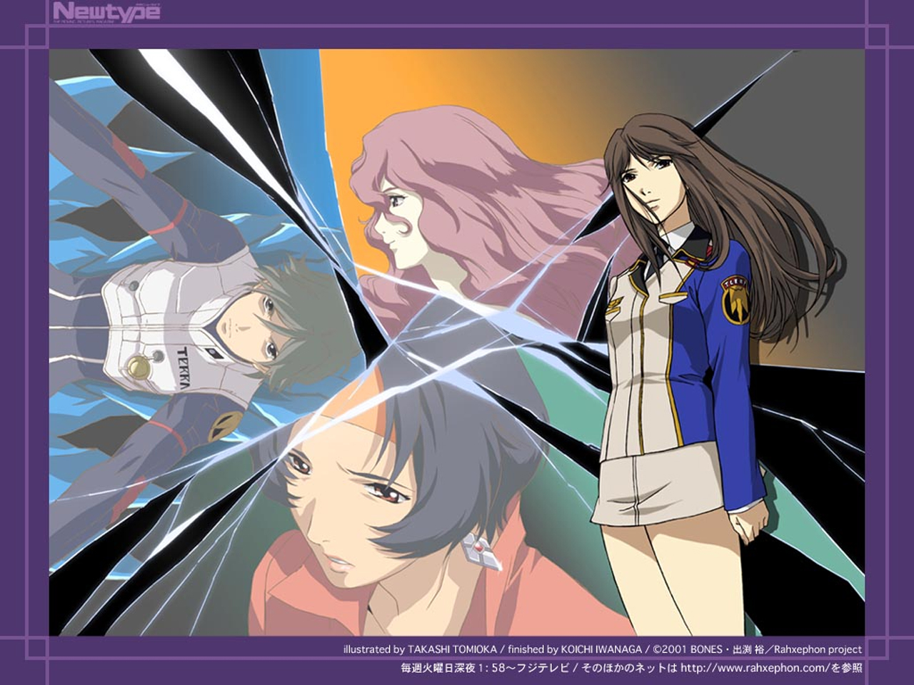 kamina ayato, kisaragi quon, mishima reika, shitou haruka, rahxephon, 00s, 1boy, 3girls, black hair, brown hair, collared jacket, earrings, floating earrings, headband, jacket, jewelry, long hair, multiple girls, pencil skirt, pink hair, short hair, skirt