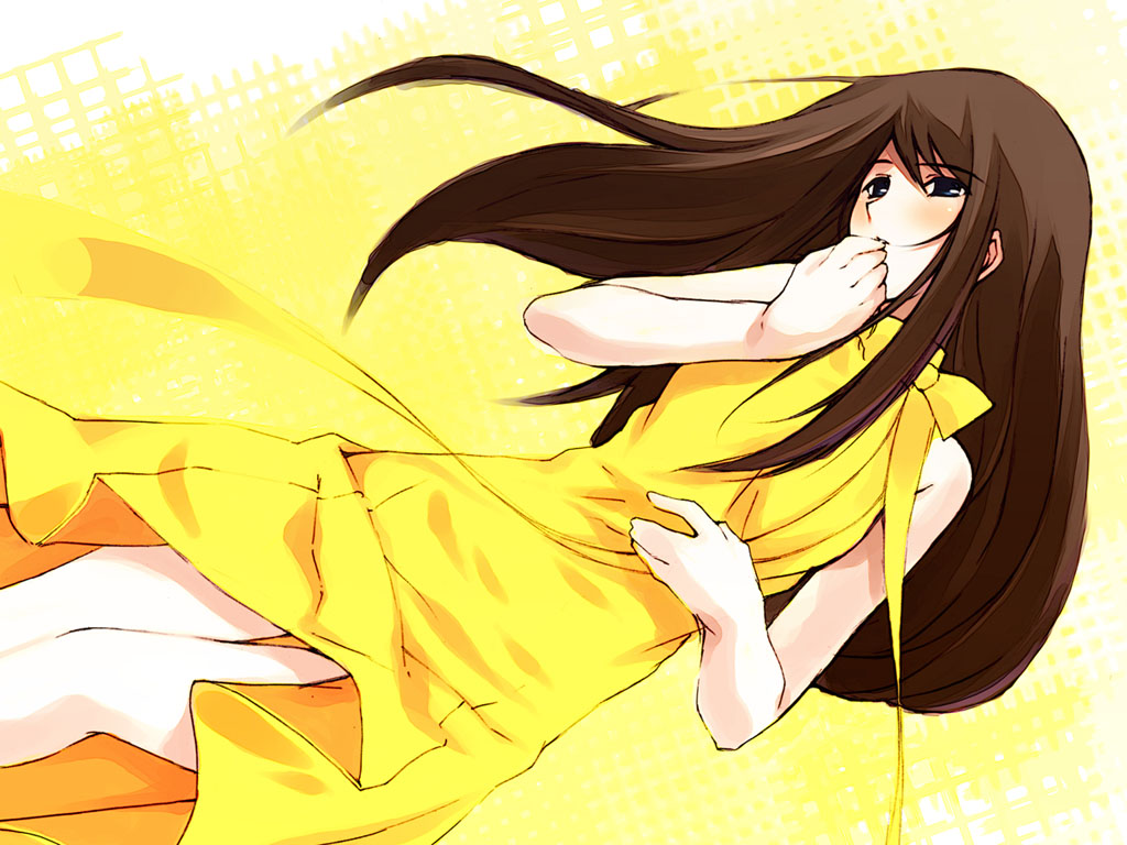 mishima reika, rahxephon, 00s, 1girl, bare shoulders, blush, brown hair, dress, female focus, finger to mouth, long hair, looking to the side, sleeveless, sleeveless dress, solo, sundress, thigh gap, yellow dress
