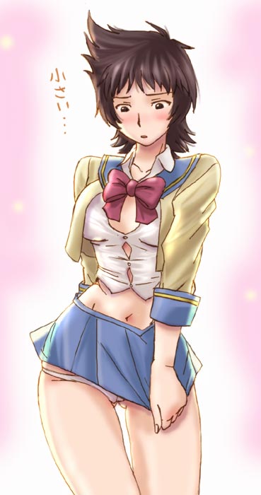 haruyama kazunori, maggie mui, r.o.d the tv, read or die, 00s, 1girl, blouse, blush, bow, brown eyes, brown hair, collarbone, female focus, lowleg, lowleg panties, midriff, miniskirt, navel, panties, pantyshot, school uniform, serafuku, shirt, short hair, skirt, skirt tug, solo, standing, thigh gap, thighs, tight clothes, undersized clothes, underwear, upskirt, white panties