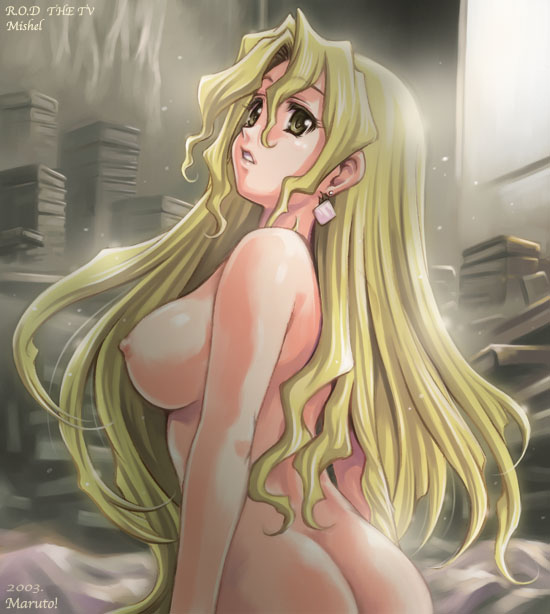 maruto!, michelle cheung, r.o.d the tv, read or die, looking away, 00s, 1girl, 2003, artist name, ass, blonde hair, book, breasts, character name, copyright name, earrings, female focus, indoors, jewelry, long hair, nipples, nude, parted lips, solo, typo, very long hair, yellow eyes