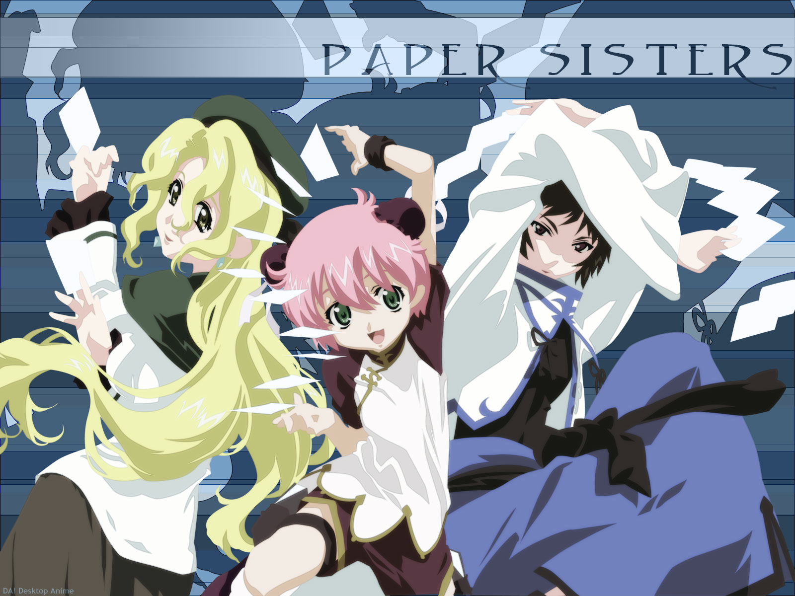 ishihama masashi, anita king, maggie mui, michelle cheung, r.o.d the tv, read or die, derivative work, highres, official art, official wallpaper, vector trace, 00s, 3girls, :d, androgynous, arms up, beret, black eyes, black hair, blonde hair, bun cover, capelet, child, chinese clothes, double bun, dual wielding, earrings, flat chest, flying paper, from behind, green eyes, hair bun, hat, holding, jacket, jewelry, jumping, long hair, looking back, multiple girls, open clothes, open jacket, open mouth, paper, pink hair, raglan sleeves, sash, shoes, short hair, shorts, skirt, smile, socks, spread legs, thigh strap, tomboy, turtleneck, very long hair, wavy hair, wristband, yellow eyes