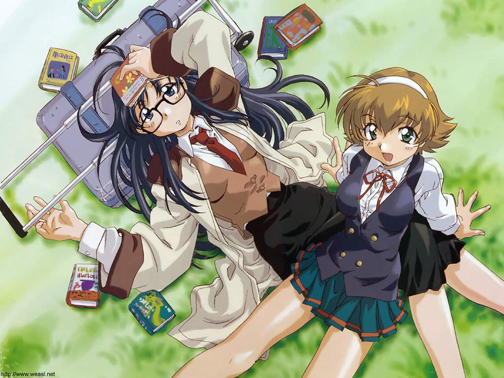 uon taraku, sumiregawa nenene, yomiko readman, read or die, 00s, 2girls, :d, aged down, ahoge, antenna hair, arm support, black hair, blue eyes, blush, book, buttoned cuffs, buttons, day, dutch angle, from above, glasses, grass, hair spread out, hairband, jacket, long sleeves, lying, multiple girls, necktie, on back, open clothes, open jacket, open mouth, outdoors, pleated skirt, reclining, red necktie, ribbon, school uniform, serafuku, sitting, sitting on lap, sitting on person, skirt, smile, suitcase, vest, watermark