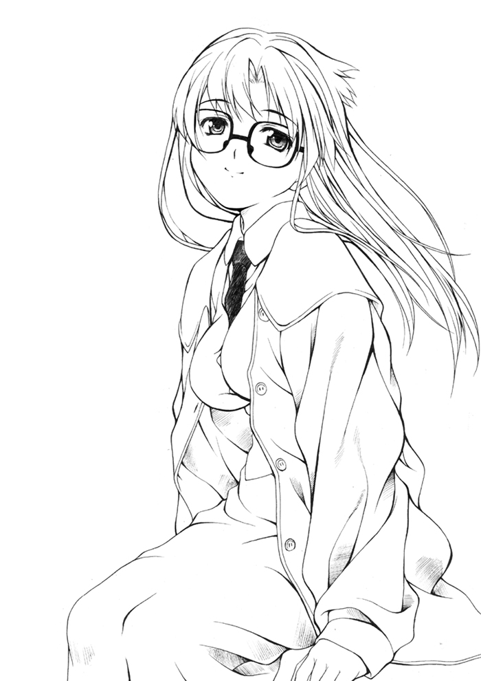 yomiko readman, read or die, 00s, 1girl, breasts, female focus, glasses, greyscale, long hair, looking at viewer, medium breasts, monochrome, necktie, simple background, sitting, smile, solo, white background