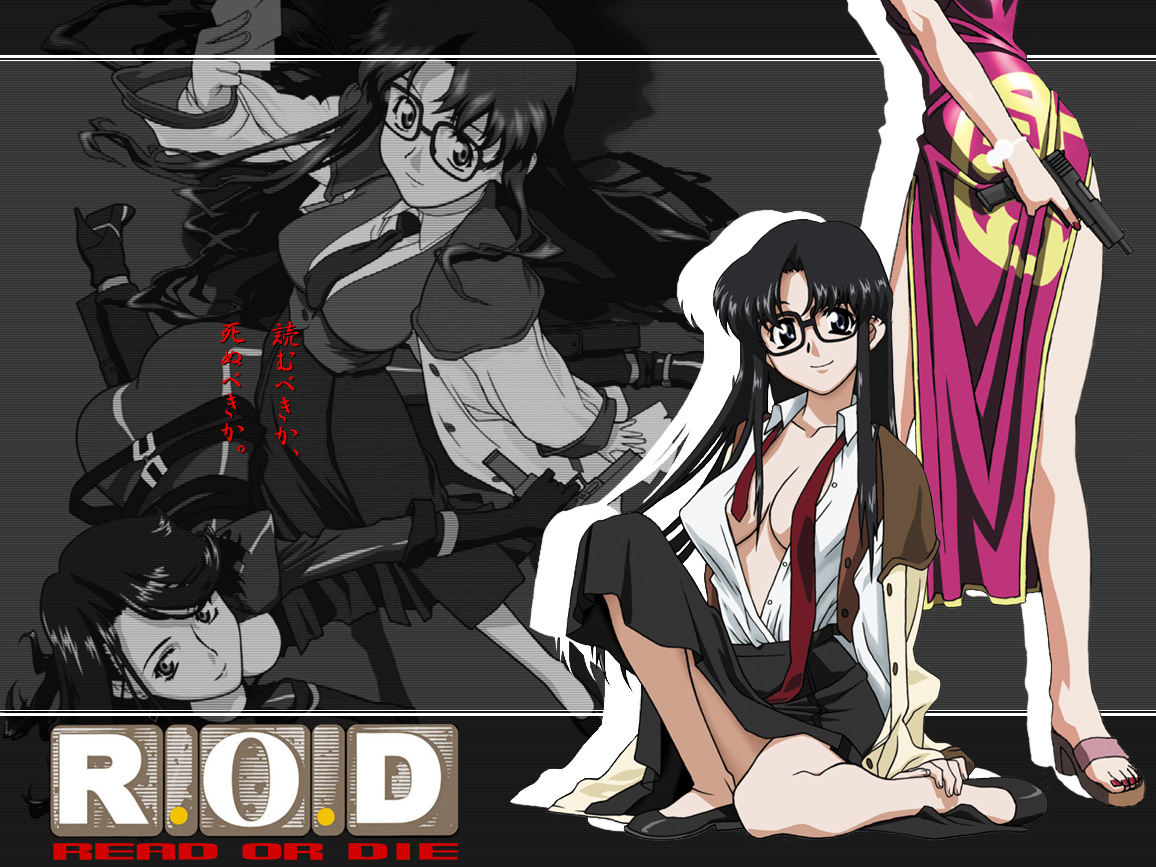 nancy makuhari, yomiko readman, read or die, 00s, 2girls, black-framed eyewear, black hair, breasts, china dress, chinese clothes, cleavage, dress, glasses, gun, handgun, jacket, large breasts, long hair, multiple girls, necktie, no bra, open clothes, open shirt, parted bangs, pistol, red necktie, shirt, undone necktie, weapon