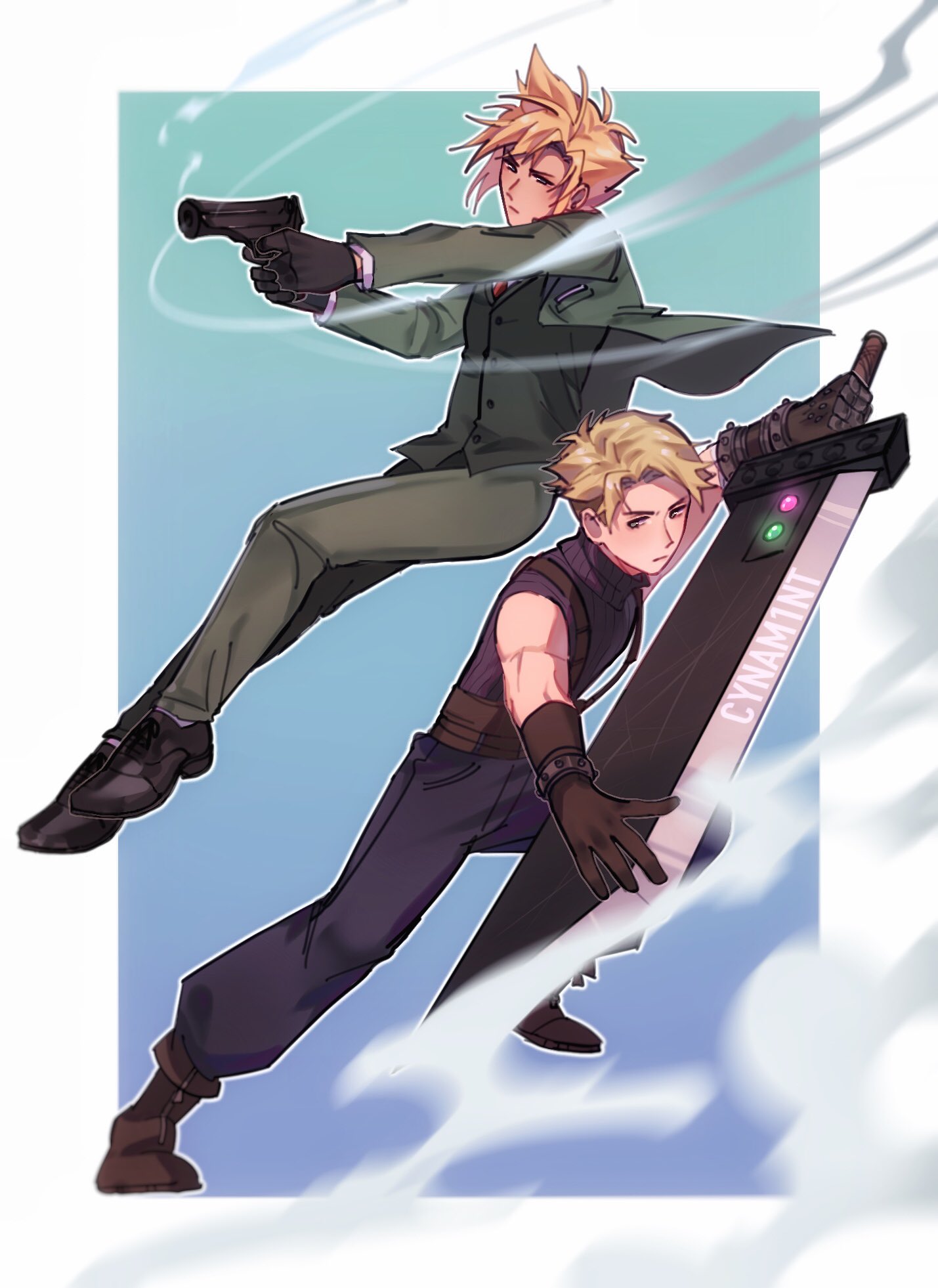 cloud strife, twilight (spy x family), final fantasy, final fantasy vii, spy x family, highres, 2boys, armored gloves, artist name, black gloves, black shoes, blonde hair, blue pants, blue shirt, boots, border, brown boots, brown gloves, buster sword, cloud strife (cosplay), cosplay, costume switch, cynam1nt, dress shoes, fighting stance, formal clothes, full body, furrowed brow, gloves, gradient background, green jacket, green pants, green suit, gun, handgun, holding, holding gun, holding sword, holding weapon, jacket, male focus, materia, multiple boys, necktie, pants, pocket square, red necktie, shirt, shoes, short hair, sleeveless, sleeveless turtleneck, smoke, spiked hair, suit, suspenders, sword, turtleneck, twilight (spy x family) (cosplay), vest, waistcoat, weapon, white border, white shirt