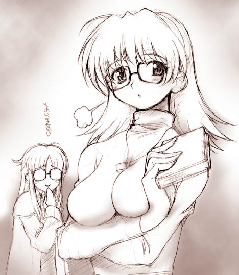 hagiya masakage, nenene, sumiregawa nenene, yomiko readman, r.o.d the tv, read or die, translation request, 00s, 2girls, blush, book, breasts, brown theme, coat, crossed arms, glasses, impossible clothes, impossible shirt, impossible sweater, jewelry, large breasts, long hair, monochrome, multiple girls, necklace, shirt, smile, sweater, turtleneck, you gonna get raped, yuri