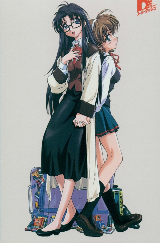 nenene, sumiregawa nenene, yomiko readman, read or die, 00s, 2girls, back-to-back, black hair, blue eyes, book, brown hair, glasses, green eyes, hairband, holding hands, jacket, long hair, looking at viewer, multiple girls, necktie, open mouth, school uniform, serafuku, skirt, smile, socks, striped clothes, striped skirt, vest, yuri