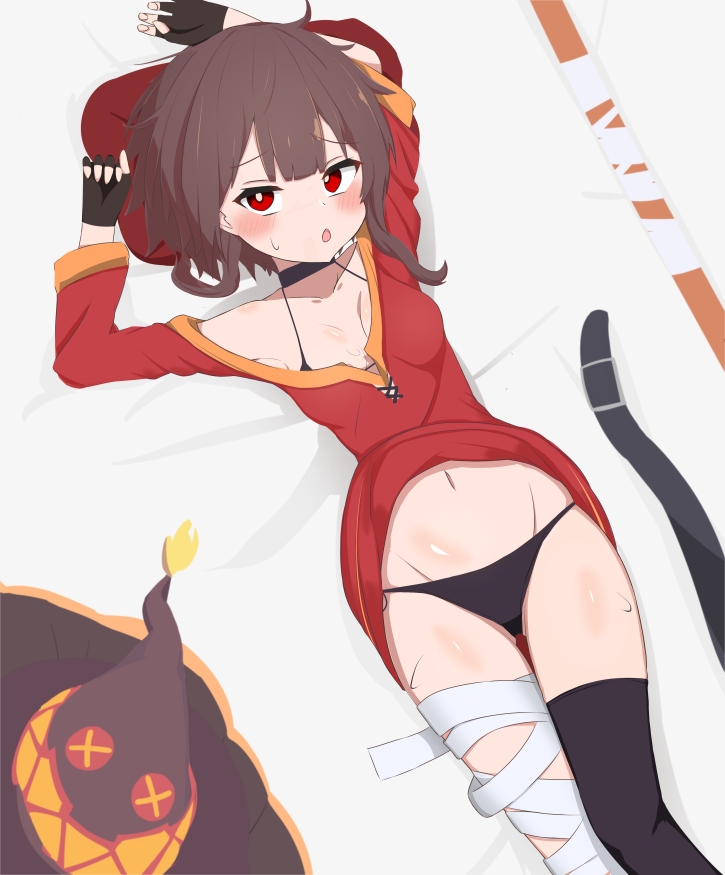 hatenamaru, megumin, kono subarashii sekai ni shukufuku wo!, 1girl, arm above head, arms up, asymmetrical legwear, bandaged leg, bandages, bed, bikini, black bikini, black gloves, black thighhighs, blush, breasts, brown hair, clothes lift, collarbone, dot nose, dress, dress lift, embarrassed, feet out of frame, female focus, fingerless gloves, gloves, head on pillow, looking at viewer, lying, on back, on bed, open mouth, petite, pillow, red dress, red eyes, short hair with long locks, sidelocks, small breasts, solo, swimsuit, thighhighs, tsundere, two-tone dress, yellow dress