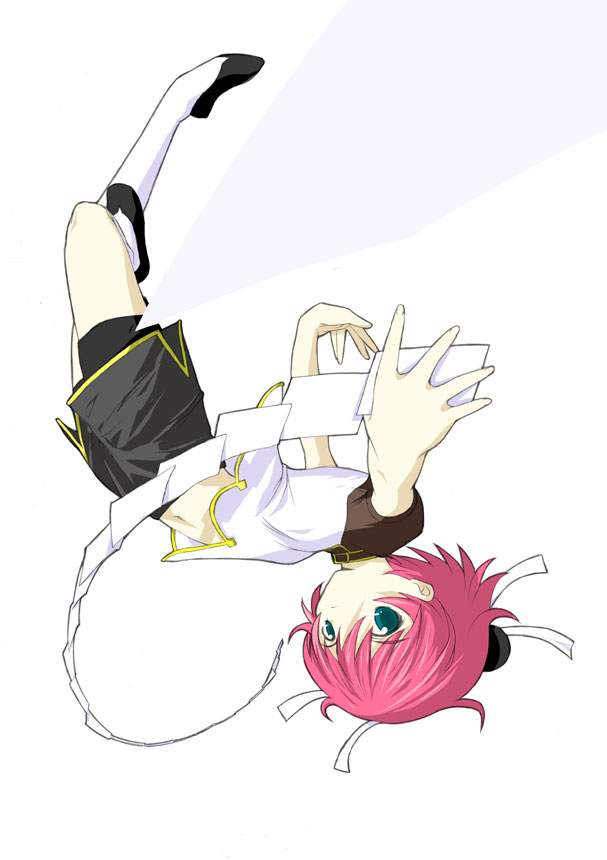 anita king, r.o.d the tv, read or die, 00s, 1girl, card, female focus, full body, green eyes, kneehighs, navel, shirt, short hair, short sleeves, shorts, simple background, socks, solo, stomach, white background, white shirt, white socks