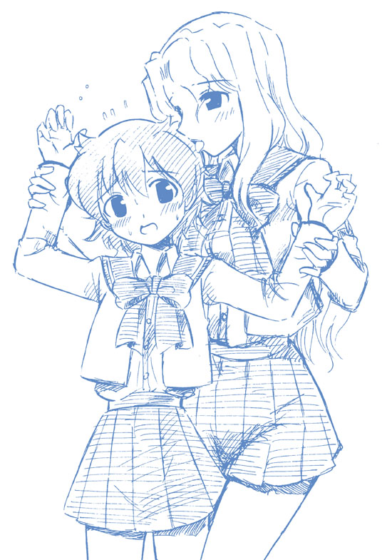anita king, michelle cheung, r.o.d the tv, read or die, 00s, 2girls, age difference, breasts, flat chest, incest, medium breasts, monochrome, multiple girls, onee-loli, pleated skirt, school uniform, serafuku, siblings, sisters, skirt, yuri