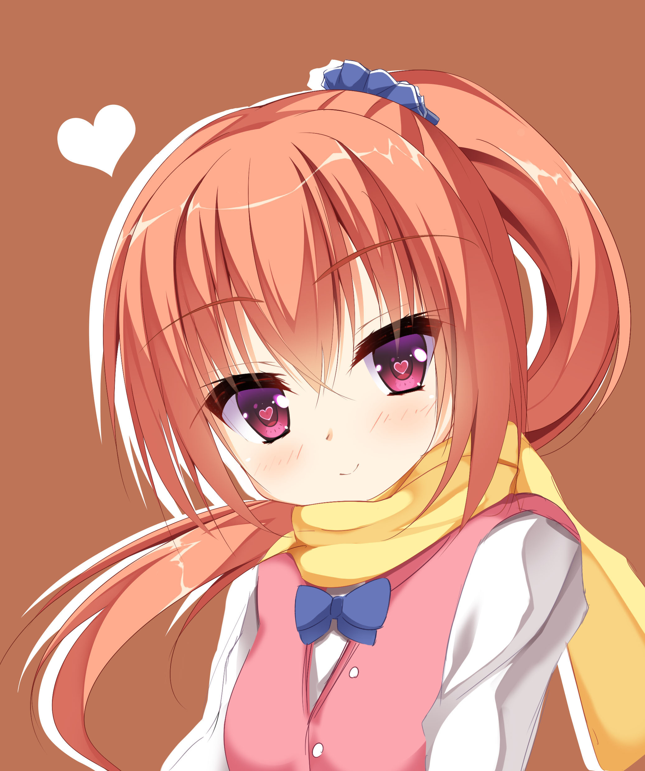 shrimp 3, inaba meguru, sanoba witch, absurdres, commentary, highres, 1girl, alternate hairstyle, blue bow, blue bowtie, blue scrunchie, blush, bow, bowtie, closed mouth, crossed bangs, drop shadow, eyelashes, eyes visible through hair, floating hair, hair between eyes, hair ornament, hair scrunchie, heart, heart-shaped pupils, high ponytail, jacket, long hair, looking at viewer, orange background, orange hair, pink jacket, ponytail, red eyes, scarf, school uniform, scrunchie, sidelocks, simple background, smile, solo, split mouth, symbol-shaped pupils, upper body, white sleeves, yellow scarf