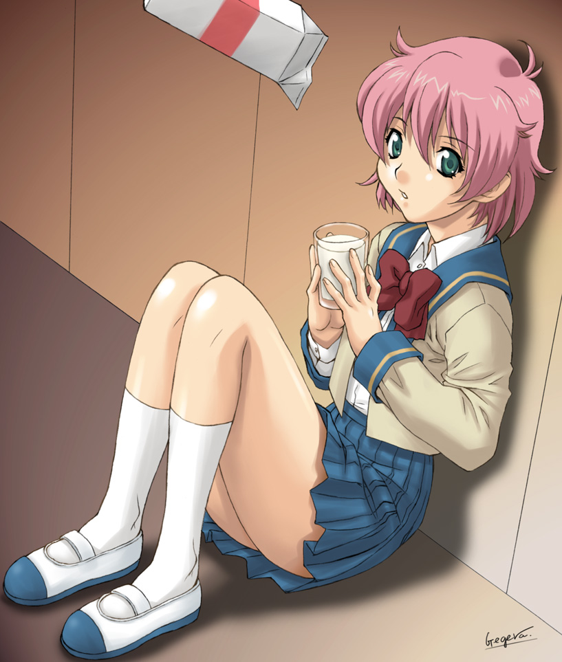 gegera, anita king, r.o.d the tv, read or die, 00s, 1girl, female focus, green eyes, milk, pink hair, pleated skirt, school uniform, serafuku, short hair, sitting, skirt, socks, solo