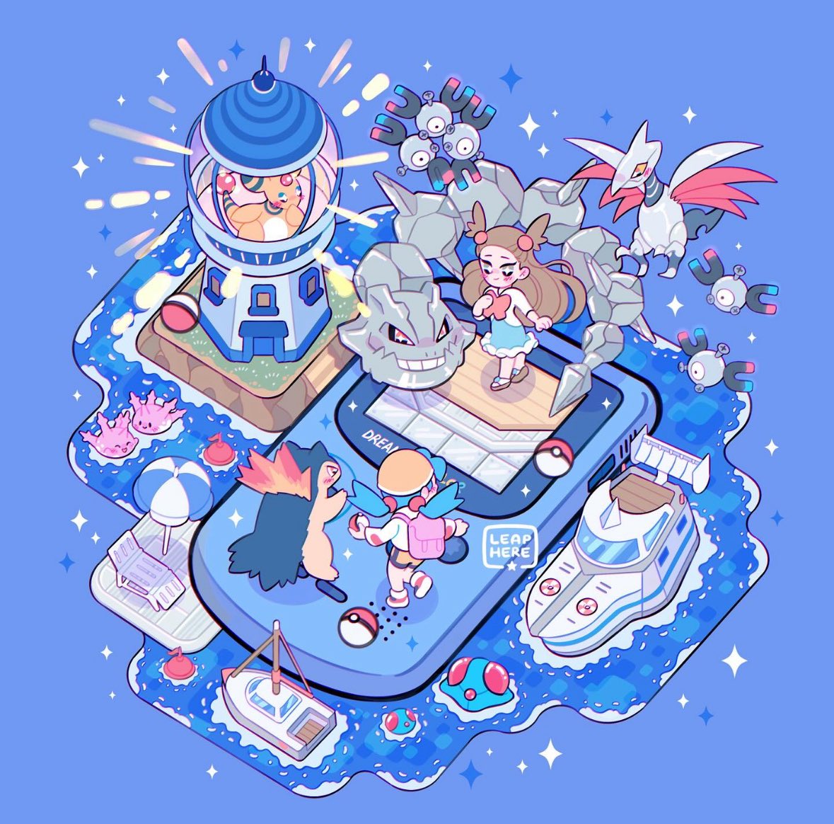 leaphere, ampharos, corsola, jasmine (pokemon), kris (pokemon), magnemite, magneto, skarmory, steelix, tentacool, tentacruel, typhlosion, nintendo, pokemon, pokemon gsc, 2girls, beach chair, bike shorts, bird, blue dress, blue hair, blush, boat, bow, breasts, brown eyes, brown hair, closed eyes, closed mouth, dock, dress, fire, flying, game boy, game boy color, gen 1 pokemon, gen 2 pokemon, hair bobbles, hair ornament, handheld game console, hat, holding, holding poke ball, jacket, lighthouse, long hair, long sleeves, magnet, multiple girls, ocean, open mouth, orange bow, outdoors, poke ball, poke ball (basic), pokemon (creature), shirt, shorts, smile, squid, standing, swimming, twintails, two side up, umbrella, watercraft, white dress, wings, yellow hat