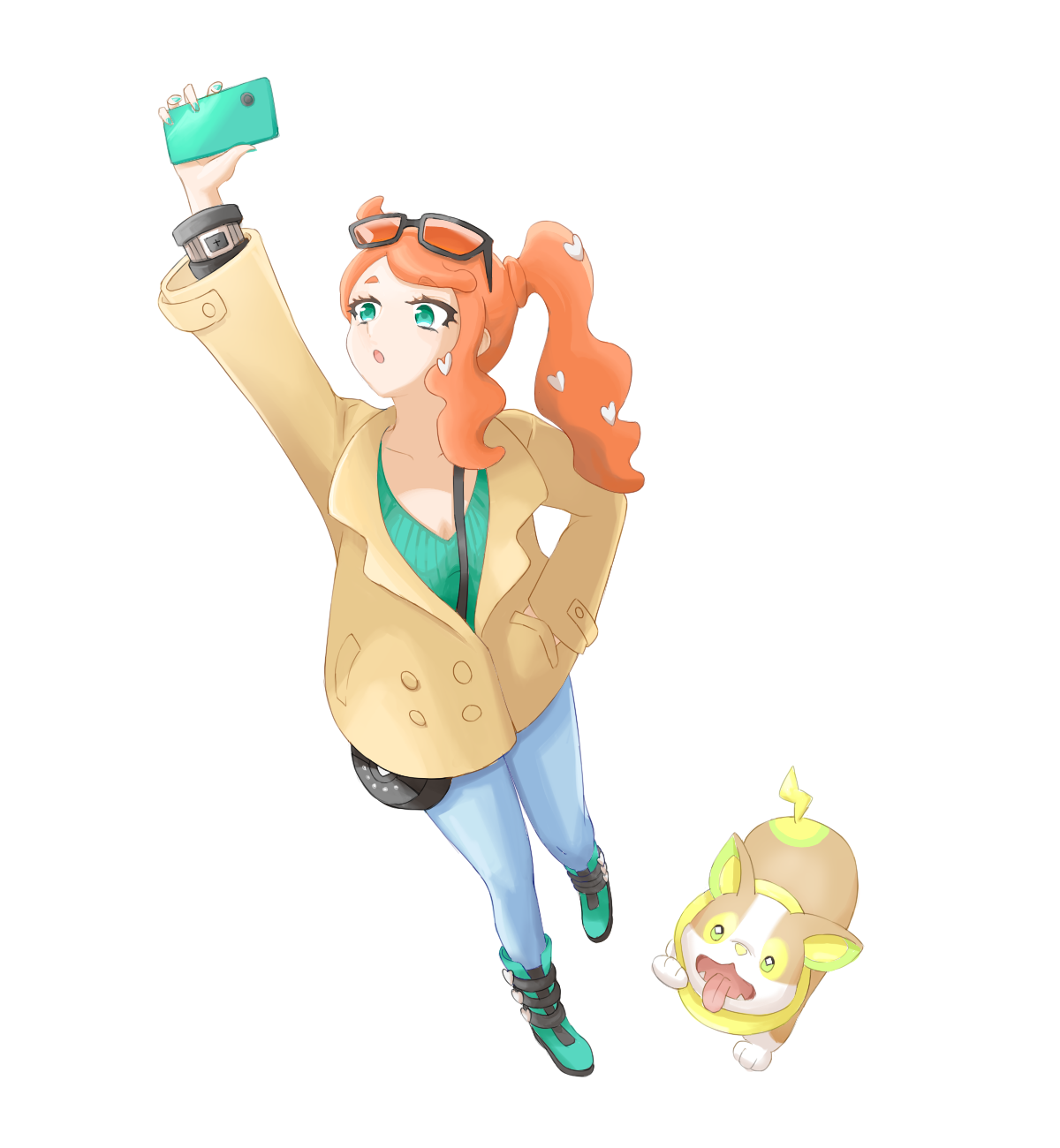 e99, sonia (pokemon), yamper, nintendo, pokemon, pokemon swsh, highres, 1girl, aqua boots, aqua eyes, aqua nails, aqua shirt, arm up, baby animal, black-framed eyewear, boots, breasts, brown coat, cellphone, cleavage, coat, collarbone, denim, dog, eyewear on head, gen 8 pokemon, hair ornament, hand in pocket, heart, heart hair ornament, holding, holding phone, jeans, medium breasts, open mouth, orange-tinted eyewear, orange hair, pants, phone, pokemon (creature), puppy, ribbed shirt, shirt, side ponytail, smartphone, sunglasses, swept bangs, tinted eyewear, v-neck, wavy hair