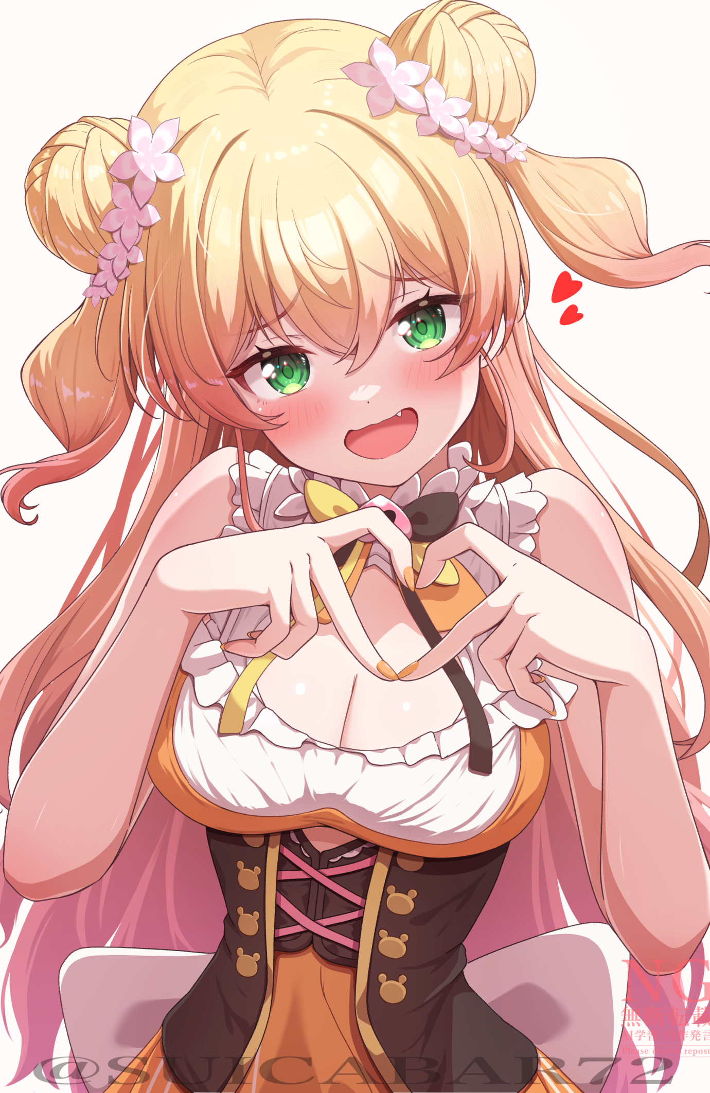 suicabar72, momosuzu nene, momosuzu nene (1st costume), hololive, highres, 1girl, bell, blonde hair, bow, bowtie, breasts, brown bow, brown bowtie, cleavage, cleavage cutout, clothing cutout, crossed bangs, double-parted bangs, double bun, fang, flower, frilled shirt, frills, gradient hair, green eyes, hair bun, hair flower, hair ornament, heart, jingle bell, large breasts, long hair, looking at viewer, multicolored bow, multicolored bowtie, multicolored hair, open mouth, orange bow, orange bowtie, orange shirt, peach ornament, pink flower, pink hair, shirt, sidelocks, simple background, smile, solo, twitter username, two side up, upper body, virtual youtuber, watermark, white background, yellow bow, yellow bowtie