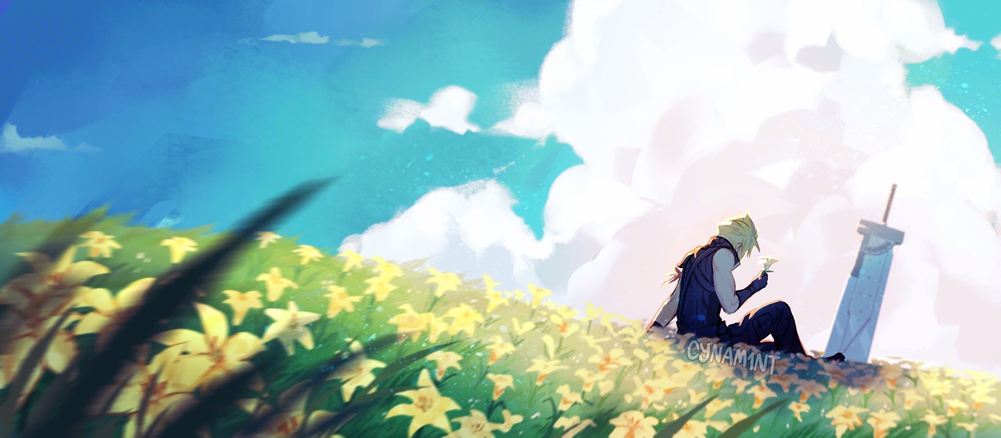 cloud strife, final fantasy, final fantasy vii, final fantasy vii advent children, highres, 1boy, arm ribbon, armor, artist name, black boots, black gloves, black pants, black vest, blonde hair, blurry, blurry foreground, boots, cynam1nt, field, flower, flower field, fusion swords, gloves, holding, holding flower, lily (flower), looking at flowers, male focus, nature, outdoors, pants, pauldrons, pink ribbon, planted, planted sword, planted weapon, ribbon, short hair, shoulder armor, single bare shoulder, single pauldron, sitting, solo, sword, vest, weapon, yellow flower