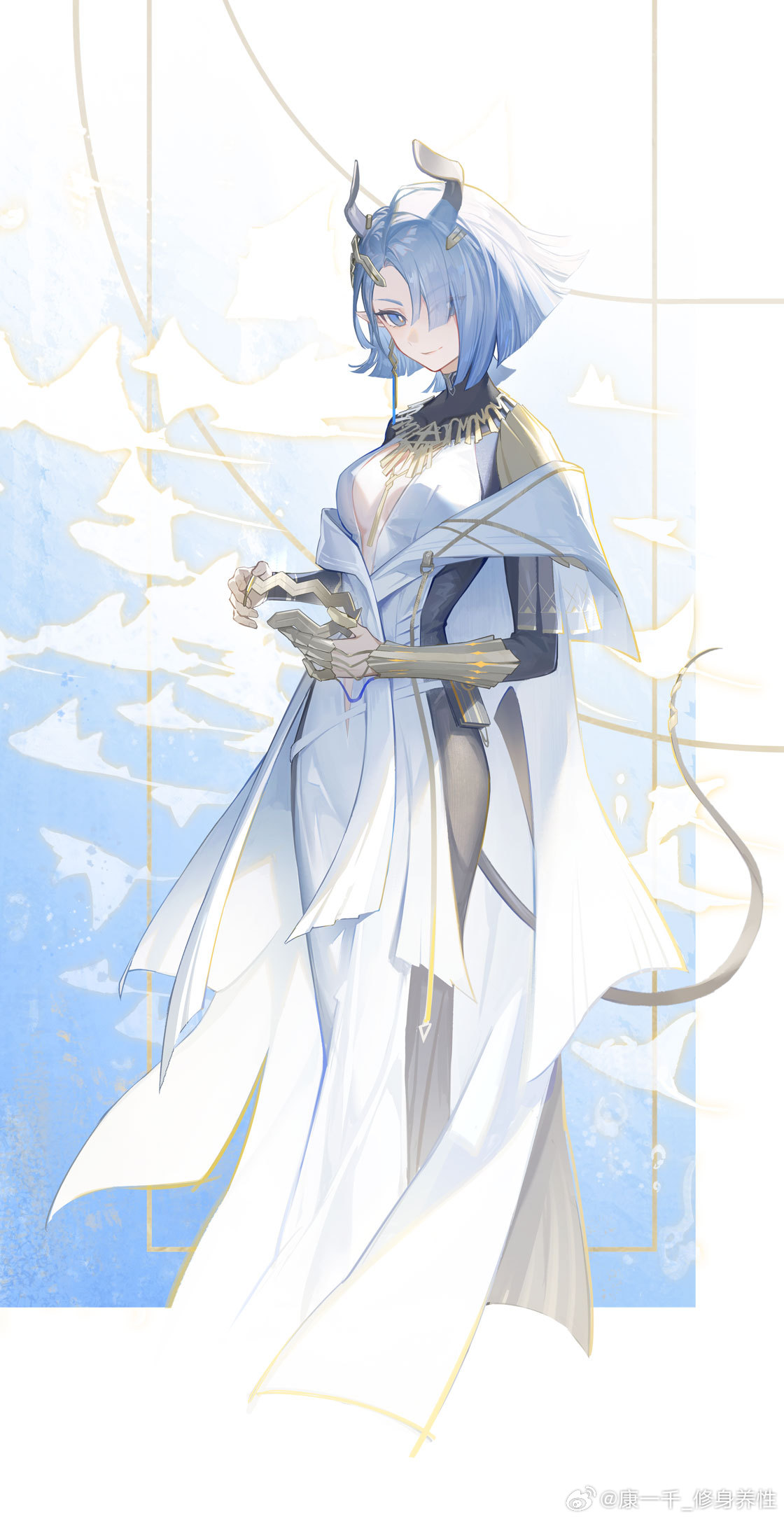kang yiqian (self cultivation), clementia (arknights), arknights, highres, 1girl, aqua hair, arm armor, blue eyes, blunt ends, breast cutout, breasts, cleavage, cowboy shot, dress, eyes visible through hair, from side, hair over one eye, headgear, holding, holding headgear, looking at viewer, manta ray, parted hair, tail, weibo username, white dress